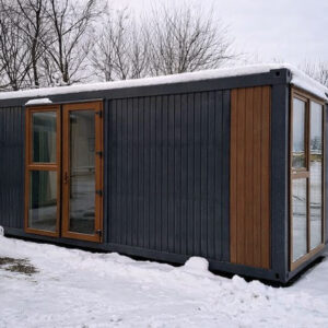 Container modular 7x3m cu baie bucătărie și dormitor – vedere exterioară Blue Container